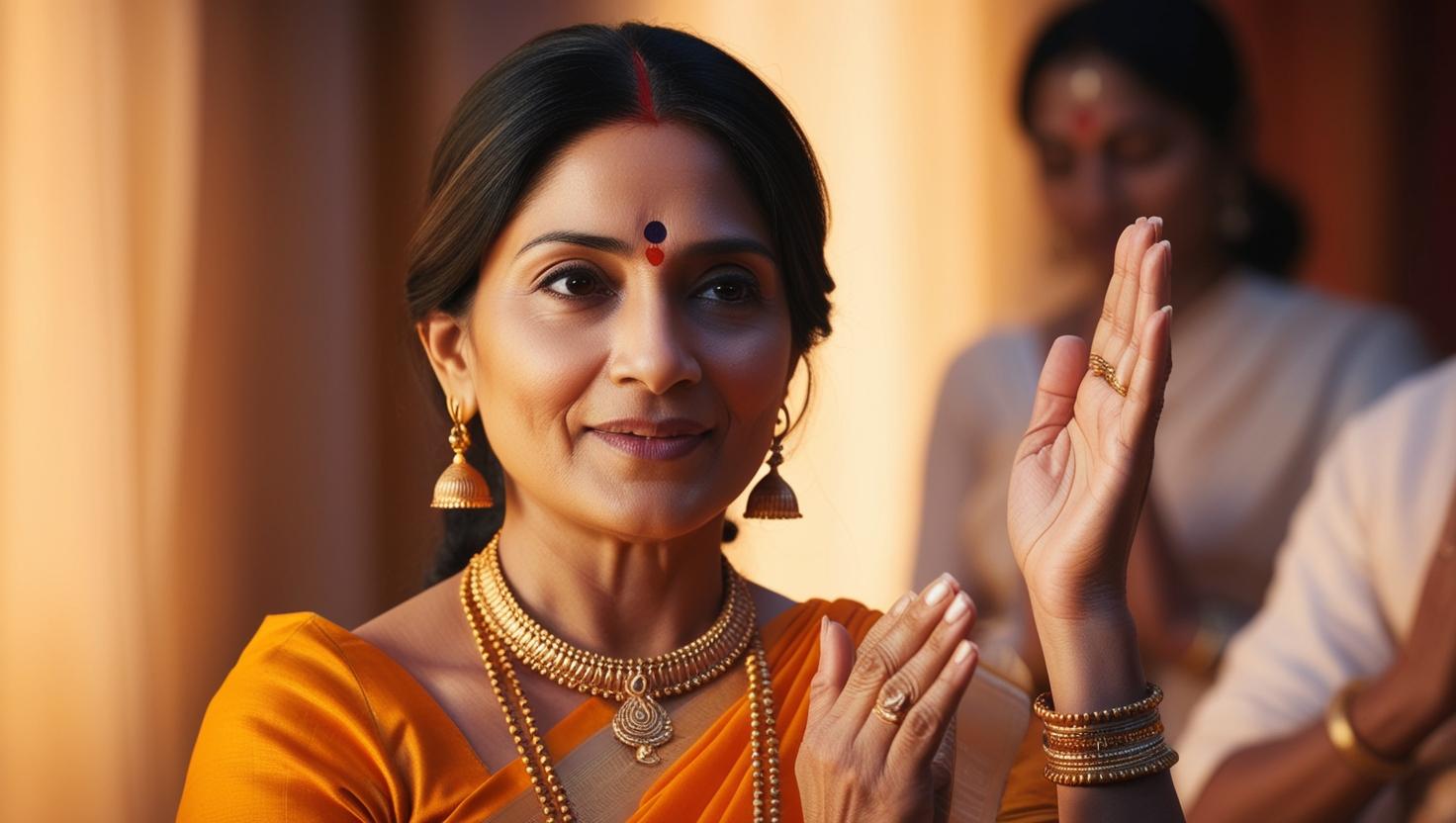 a lady in safforn color chanting mantras about hindu god